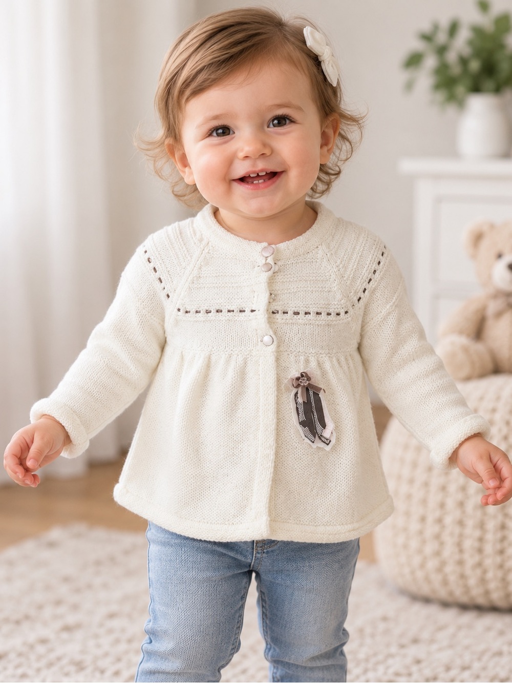 Baby Girl 12M Ivory Knit Cardigan Sweater Bow Detail Cottagecore